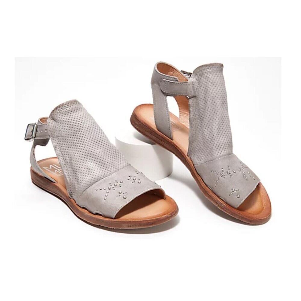 Miz Mooz Leather Ankle-Strap Sandals Fifi Glacier Gray 39 US 8.5-9 Studs